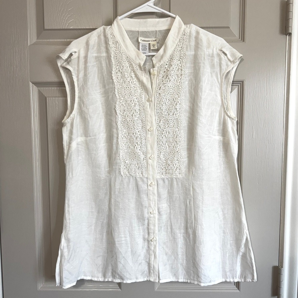 Coldwater Creek Ivory Linen Blend Lace Bib Sleeveless Blouse Sz PL Cottagecore